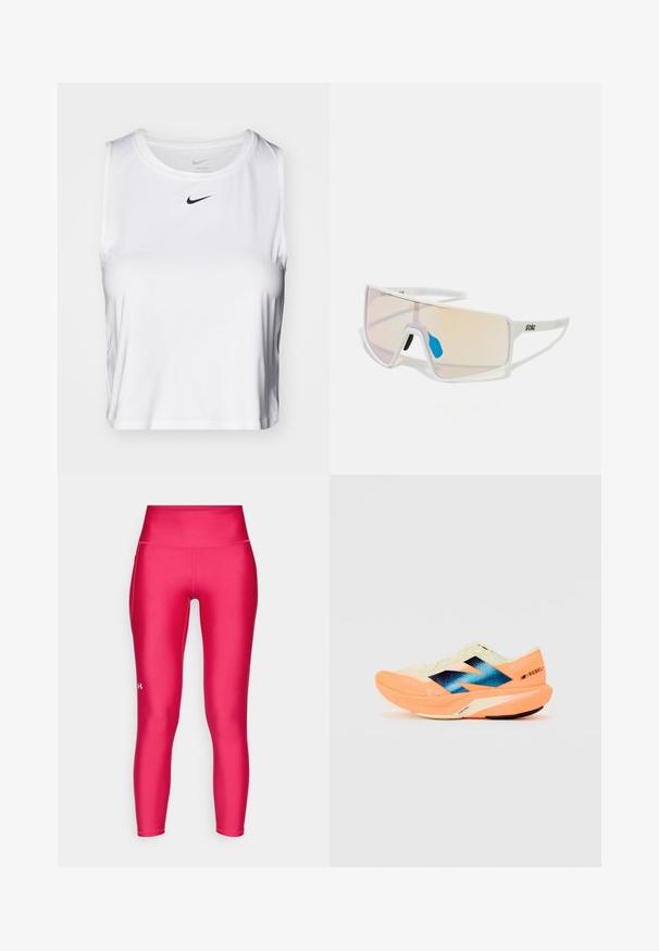 Fehér ujjatlan sporttop sima anyagból, kerek nyakkivágással és egy kicsi fekete Nike logóval a mellkason.; Feszes, élénk rózsaszín leggings, sima, rugalmas anyagból készültek. Magas derékkal és egy kis, fehér logóval rendelkeznek az alsó lábszáron.; Futócipő könnyű krém színű felsőrésszel, kék márkázással és narancssárga kiemelésekkel a talpon. Hálós textúra a légáteresztőség érdekében.; Fehér keretes napszemüveg nagy, színátmenetes lencsékkel, amelyek rózsaszín és világos narancssárga árnyalatúak. Kék orrdísszel és logóval kiemelve.