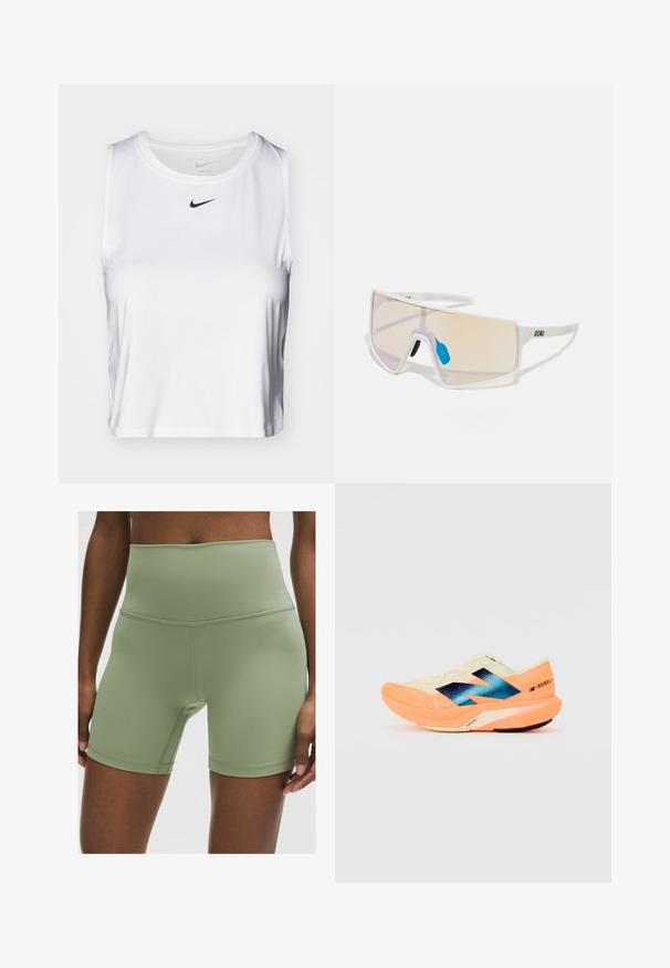 Bijela bezrukava atletska majica napravljena od glatkog materijala, s okruglim izrezom i malim crnim Nike logom na prsima.; Visoke, maslinaste kratke hlače od glatkog, rastezljivog materijala. Imaju ravne šavove i prilagodljiv dizajn za udobnost i fleksibilnost.; Trkaća cipela s laganim krem gornjim dijelom, plavim oznakama i narančastim detaljima na potplatu. Mrežasti tekstur za prozračnost.; Sunglasses s bijelim okvirom i velikim lećama sa gradijentom u nijansama ružičaste do svijetlo narančaste, naglašene plavim dijelom za nos i detaljem loga.