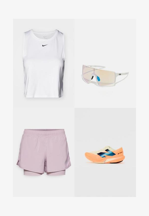 Weißes ärmelloses Sportoberteil aus glattem Stoff, mit Rundhalsausschnitt und kleinem schwarzen Nike-Logo auf der Brust.; Helle rosa Sportshorts mit einem elastischen Bund, Innenfutter und seitlichen Schlitzen für Flexibilität. Hergestellt aus leichtem, atmungsaktivem Material.; Laufschuh mit einem leichten cremefarbenen Obermaterial, blauer Markenkennung und orangefarbenen Akzenten an der Sohle. Mesh-Struktur für Atmungsaktivität.; Weiß gerahmte Sonnenbrillen mit großen, verlaufenden Gläsern, die von einem rosa bis hellorange Farbverlauf reichen, akzentuiert durch ein blaues Nasenstück und ein Logo-Detail.