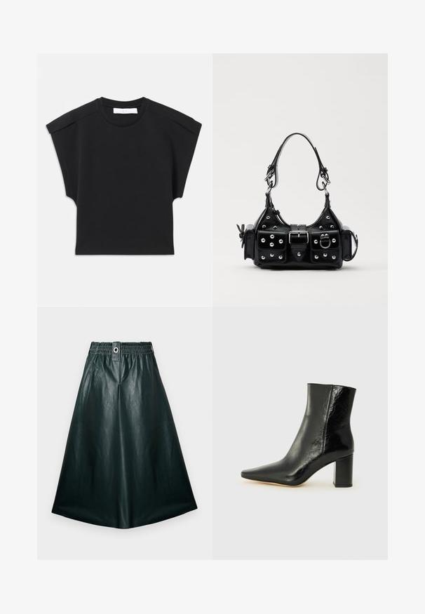 Čierny krátky rukáv top s okrúhlym výstrihom a detailmi na pleciach, položený na bielom pozadí.; Tmavozelená kožená midi sukňa s elastickým pásom, detailom gombíka vpredu a hladkou, lesklou textúrou. Silueta v tvare A bez vreciek.; Čierne členkové čižmy vyrobené z lesklej kože s špicatou špičkou a robustným štvorcovým podpätkom. Majú hladkú textúru a minimalisti design.; Čierna kožená kabelka s zakriveným dizajnom, doplnená striebornými cvočkami, prackou a dvoma bočnými vreckami. Nastaviteľný popruh poskytuje rôzne možnosti nosenia.