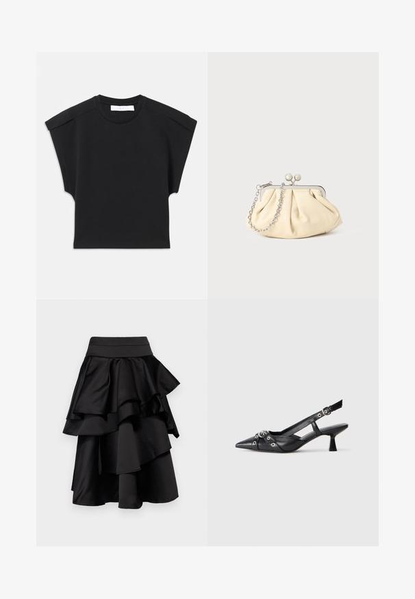Čierny krátky rukáv top s okrúhlym výstrihom a detailmi na pleciach, položený na bielom pozadí.; Čierna viacerovrstvová sukňa s mnohými volánmi. Má priliehajúci pás a vzdušný vzhľad, vyrobená z hladkej, saténovej tkaniny.; Čierne kožené slingback topánky s špicatou špičkou, ozdobnými popruhmi s kovovými očkami a nízkym blokovým podpätkom. Textúrovaný povrch.; Zhlý béžový kožený klobúk so strieborným kovovým rámom, ktorý má dve okrúhle dekoratívne zámky a strieborný reťazový popruh.