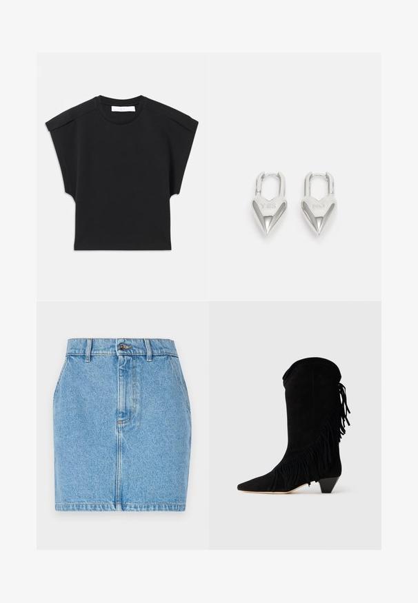 Melna īsām piedurknēm blūze ar apaļu kakla izgriezumu un plecu detaļām, izlikta uz balta fona.; Gaiši zila džinsu svārku ar pieguļošu dizainu, piecu kabatu stilu un kontrastējošiem šuvēm. Materiāls ir ar teksturētu apdari.; Melnas zamšādas potīšu zābaki ar frēzu akcentiem, norādītu purngalu un vidēju papēdi. Iezīmējas ar tīru siluetu un teksturētu apdari.; Sudraba sirdī formas piekariņi ar iegravētiem "JĀ" un "NĒ" tekstiem, pulēta apdare, simetrisks dizains un izturīgs metāla aizdare.