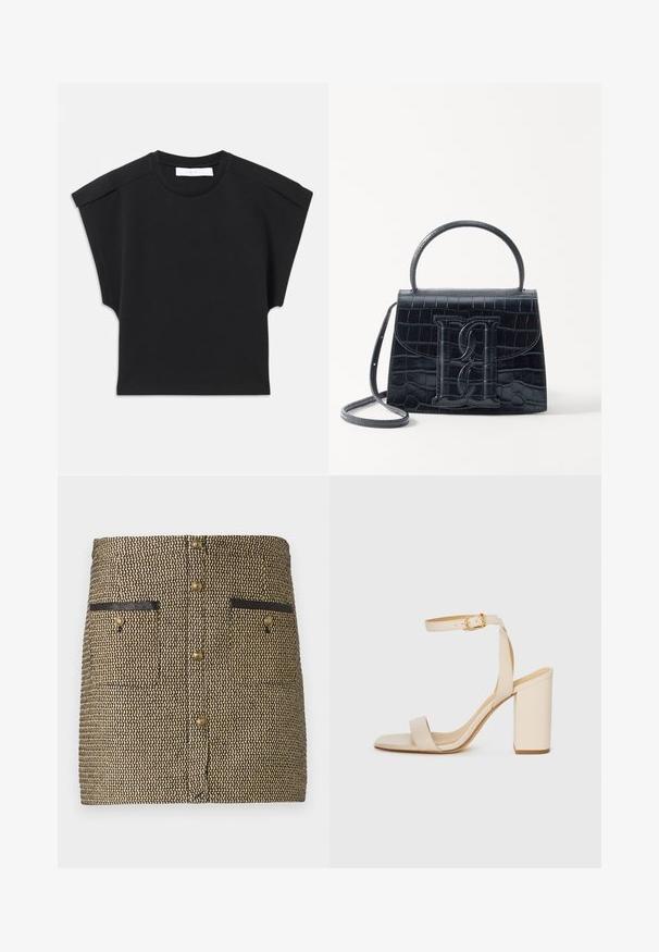 Top corto nero con maniche corte, scollo tondo e dettagli sulle spalle, adagiato su uno sfondo bianco.; Gonna tessuta con un motivo nero e oro, due tasche anteriori con dettagli neri e bottoni dorati centrali.; Sandal con tacco alto beige con punta quadrata, sottile cinturino alla caviglia e tacco a blocco. Texture di pelle liscia con dettaglio della fibbia dorata.; Borsa in pelle nera con incisione a forma di coccodrillo, dal design strutturato, dotata di manico superiore, tracolla regolabile e un evidente dettaglio logo frontale.