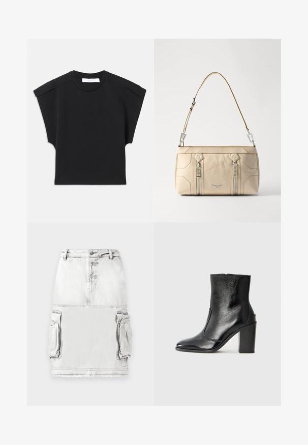 Černý krátký rukáv top s kulatým výstřihem a detaily na ramenou, položený na bílé pozadí.; Denimová sukně v světlé šedé barvě s vysokým pasem, předními knoflíky a dvěma bočními cargo kapsami. Lehce opotřebovaný vzhled tkaniny.; Černé kožené kotníkové boty s hladkou texturou, špičatou špičkou a robustním vysokým podpatkem. Mají boční otvor a minimalistický design.; Beige kožená kabelka se stříbrným kováním, dvě boční zipy, strukturovaný design a odnímatelný popruh pro všestranné nošení.