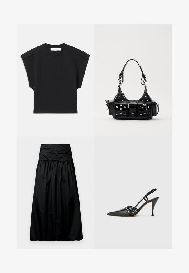 Haut noir à manches courtes avec un col rond et des détails aux épaules, posé à plat sur un fond blanc.; Jupe noire mi-longue avec un design froncé, fabriquée dans un matériau lisse. Elle présente une large ceinture froncée en haut.; Chaussure à talon aiguille noire en cuir, avec bout pointu, design de brides entrecroisées et talon aiguille fin. Texture lisse et accents minimaux.; Sac à main en cuir noir au design courbé, avec des clous en argent, une boucle et deux poches latérales. Bandoulière réglable pour différentes options de transport.