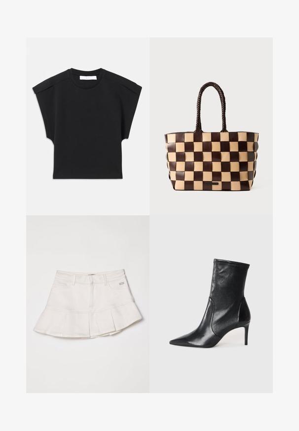 Melna īsām piedurknēm blūze ar apaļu kakla izgriezumu un plecu detaļām, izlikta uz balta fona.; Bāla džinsa svārki ar pieguļošu jostasvietu un plaši izlocītu apakšdaļu. Iekļauti priekšējie kabati un neliela logo detaļa jostasvietā.; Melnas potītes zābakus, kas izgatavoti no gludas ādas, ar norādītu purngaliņu, pieguļošu kāju un šauru augstu papēdi. Minimalistisks dizains bez redzamiem aksesuāriem.; Brūna un bēša ādas rokassoma ar austu šaha laukuma rakstu un pītām rokturiem uz baltas fona.