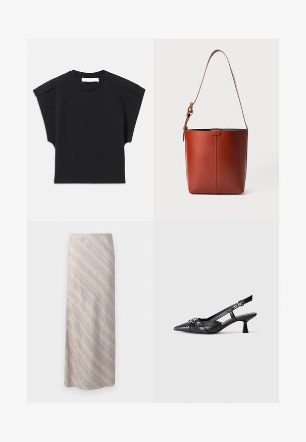 Top corto nero con maniche corte, scollo tondo e dettagli sulle spalle, adagiato su uno sfondo bianco.; Gonna al ginocchio in un tessuto beige chiaro con righe diagonali più chiare. Texture subtili, finitura senza cuciture e forma rilassata.; Scarpa slingback nera in pelle con punta affusolata, cinturini decorativi con occhielli metallici e tacco basso a blocco. Superficie testurizzata.; Borsa a secchiello in pelle marrone con tracolla regolabile e fibbia dorata, semplice dettaglio di cucitura verticale sul davanti.