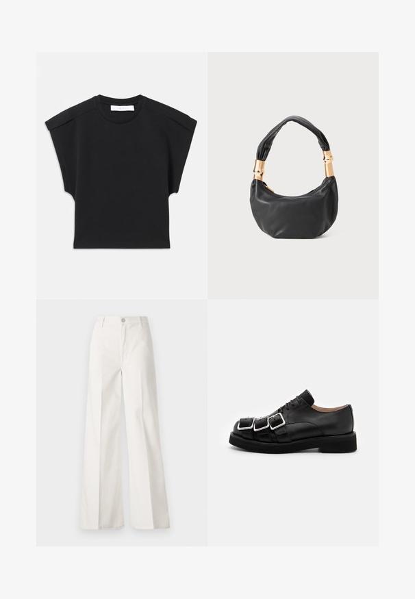 Juodas trumpas rankovėmis viršus su apvaliu iškirpimu ir pečių detalėmis, išdėstytas plokščiai ant balto fono.; Balti platūs baltos spalvos keliai, pagaminti iš medvilnės su lygiu paviršiumi. Yra priekinis mygtukas, užtrauktukas ir keturi kišenės.; N°21 DERBY - Suvarstomi - black; Juodas odinis rankinukas apvalios formos, minkštos tekstūros su susietu rankena ir auksinės spalvos detalėmis. Užtrauktuko uždarymas.