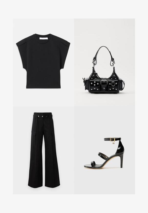 Zwarte korte mouw top met een ronde halslijn en schouderdetails, plat gelegd op een witte achtergrond.; Zwarte wijde broek met hoge tailleband, voorzien van grote zijzakken, twee knopen aan de voorkant en een lusdetail. Gemaakt van stevige stof.; Zwarte gepatineerde leren sandaal met drie banden, enkelgesp en 10 cm hoge stiletto hak. Bevat gouden hardwaredetails en een logo charm.; Zwarte lederen handtas met een gebogen ontwerp, voorzien van zilveren studs, een gesp en twee zijvakken. Verstelbare schouderband voor verschillende draagmogelijkheden.