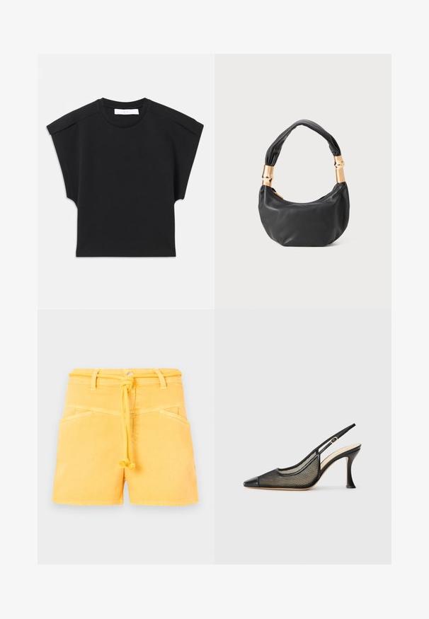 Top negro de manga corta con escote redondo y detalles en los hombros, colocado sobre un fondo blanco.; Pantalones cortos de mezclilla amarillos con cintura ajustable, dos bolsillos laterales y un acabado limpio. La tela tiene una textura suave y un diseño estructurado.; Zapato de tacón alto negro con tira trasera, que presenta una punta afilada, detalles de malla y una puntera de cuero suave. Los colores incluyen negro y acentos en beige.; Bolso de mano de cuero negro con forma redonda, textura suave y un asa anudada que cuenta con acentos de hardware en tono dorado. Cierre con cremallera.