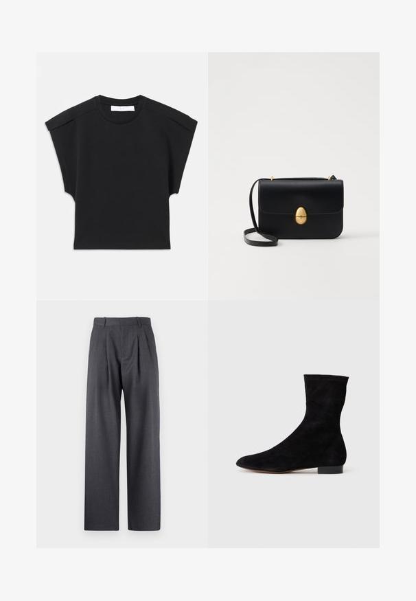 Juodas trumpas rankovėmis viršus su apvaliu iškirpimu ir pečių detalėmis, išdėstytas plokščiai ant balto fono.; Pilkos aptemptos kelnės su tiesiąja kojų forma, raukšlėtu priekiu ir tekstūriniu paviršiumi, turinčios diržų kilpeles juosmenyje.; Juoda zomšo kulkšnė su prigludusia ašimi, smailiu pirštu ir žemu bloku. Lygus paviršius ir minimalistiškas dizainas, tinkantis įvairiems stiliams.; Juodas odinis rankinukas su struktūrine stačiakampio forma. Yra auksinė ovali sagtis ir plona petneša. Glotni tekstūra.