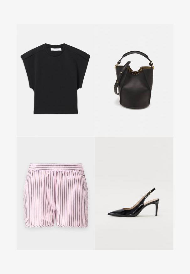 Crna majica s kratkim rukavima i okruglim izrezom, s detaljima na ramenima, položena ravno na bijeloj pozadini.; Pamuk kratke hlače za spavanje s uspravnim ružičastim i smeškim prugama, elastičnim strukom s gumicom i laganim krojem za udobnost.; Crne lakirane slingback cipele s oštrim vrhom, uskim potpeticama i suptilnim izrezom. Sadrže zlatnu kopču na traku.; Crna kožna torba u obliku kante s teksturiranim završetkom, zlatnim metalnim detaljima i otvorenim vrhom. Ima kratku dršku i podesivu rame.