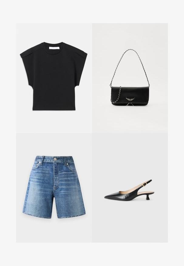 Top scurt negru cu mânecă scurtă, guler rotund și detalii pe umeri, așezat pe un fundal alb.; Shorts din denim de culoare albastră deschisă, cu talie înaltă, cinci buzunare și închidere cu nasture, având o textură decolorată și tiv brut.; Pantofii cu toc kitten slingback din piele neagră, cu vârf ascuțit și cataramă aurie pe brățara laterală, pe un fundal alb.; Geantă de mână din piele neagră cu un lanț din argint, având accente decorative în formă de aripi și cusături albe de-a lungul cusăturii de jos.