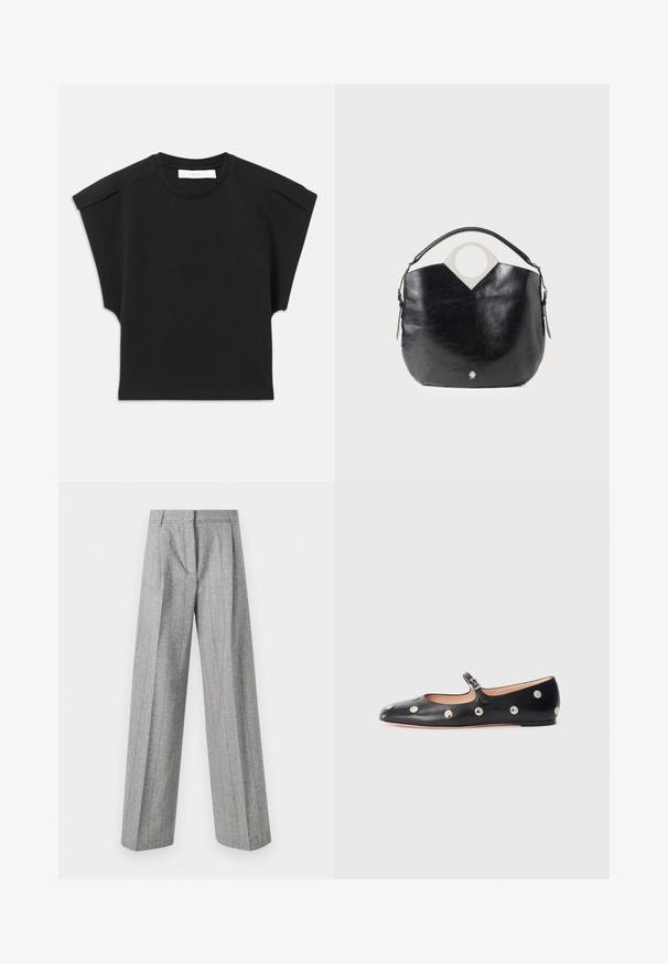 Black short-sleeve top with a round neckline and shoulder detailing, laid flat on a white background.; High-waist gray trousers with vertical pinstripes and wide straight legs, displayed against a white background.; Black leather Mary Jane flat shoe with a rounded toe, featuring silver circular studs and an adjustable strap with a buckle.; Black leather bag with a curved shape, circular top handle, and silver logo detail. Smooth texture and notable cut-out design feature.