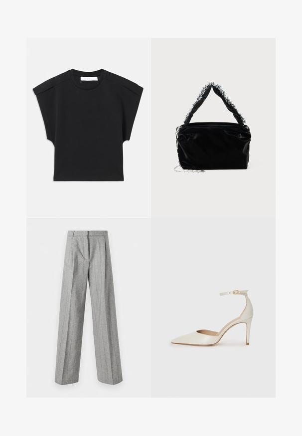 Schwarzes kurzärmliges Oberteil mit rundem Halsausschnitt und Schulterdetails, flach auf einem weißen Hintergrund ausgelegt.; Hochtaillierte graue Hose mit vertikalen Nadelstreifen und weitem, geradem Bein, vor einem weißen Hintergrund präsentiert.; Weiße Leder-Pumps mit spitz zulaufender Zehe, Knöchelriemen und schlanker Stiletto-Absatz. Glatte Oberfläche mit dezent glänzendem Finish.; Schwarze Handtasche aus Kunstleder mit strukturiertem Finish, ausgestattet mit einem mit Perlen verzierten silbernen Akzent am oberen Griff und einem Kettenriemen.