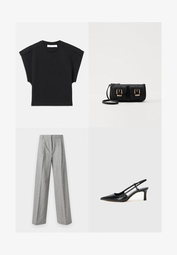 Black short-sleeve top with a round neckline and shoulder detailing, laid flat on a white background.; High-waist gray trousers with vertical pinstripes and wide straight legs, displayed against a white background.; Black patent slingback heel with a pointed toe, featuring textured snake print, adjustable strap, and a short, textured block heel.; Black leather crossbody bag with two front pockets, gold buckles, zipper closure, and a slim strap. Textured surface and compact rectangular shape.
