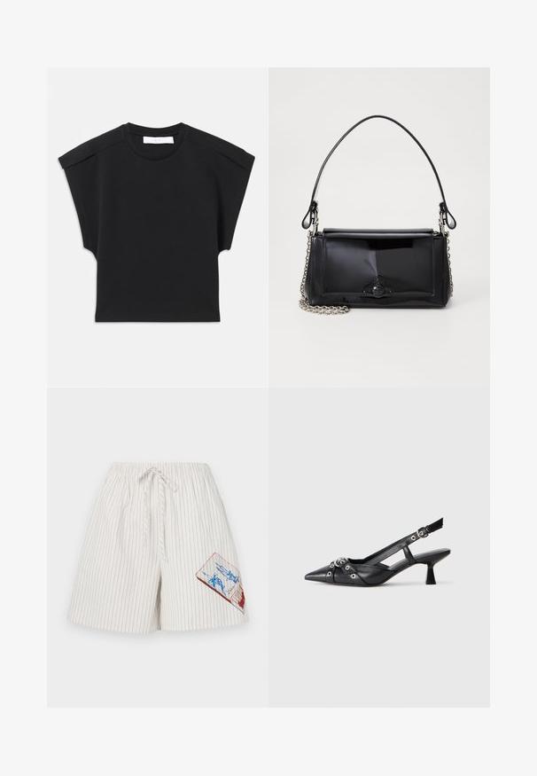 Haut noir à manches courtes avec un col rond et des détails aux épaules, posé à plat sur un fond blanc.; Shorts en coton blancs avec des rayures verticales bleues, ceinture élastique et cordon de serrage. Présente une patch graphique colorée sur la cuisse gauche.; Chaussure slingback en cuir noir avec un bout pointu, des sangles décoratives avec œillets en métal et un petit talon carré. Surface texturée.; Sac à main en cuir verni noir de forme rectangulaire, avec une chaîne en bandoulière et un accent matériel distinctif au centre. Texture lisse.
