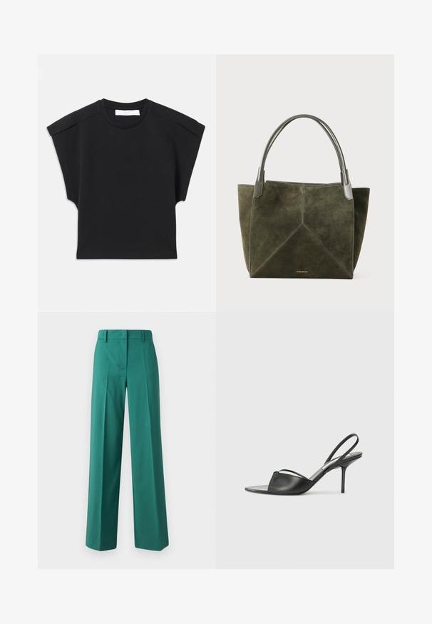 Crna majica s kratkim rukavima i okruglim izrezom, s detaljima na ramenima, položena ravno na bijeloj pozadini.; Zelene široke hlače izrađene od glatkog materijala s krojem koji se dobro prilagođava, s prednjim nabranicama i dizajnom s dva džepa.; Crne kožne sandale sa otvorenom petom, s izduženim nosom, tankim remenom oko gležnja i stiletto potpeticom. Imaju čvorasti detalj na prednjem delu.; Torbica od maslinasto zelene suede kože s geometrijskim uzorkom šava, siva kožna ručka i zlatni logo na dnu. Mekana tekstura, prostrani dizajn.