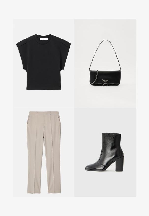 Mustmust sisemise varrukaga must topp ümaral kaelusel ja õlavarre detailidega, laotatud valgele taustale.; Filippa K EMMA TROUSERS - Püksid - desert tau; Must kõvale nahast pahklipsu saapad, millel on sile tekstuur, terav varvas ja paks kõrge kann. Omab külgavatust ja minimalistlikku disaini.; Mustvalge nahk käekott hõbedase ahelsanga ja dekoratiivsete tiivaaktsentidega, samuti valgete õmblustega alumises ühenduses.