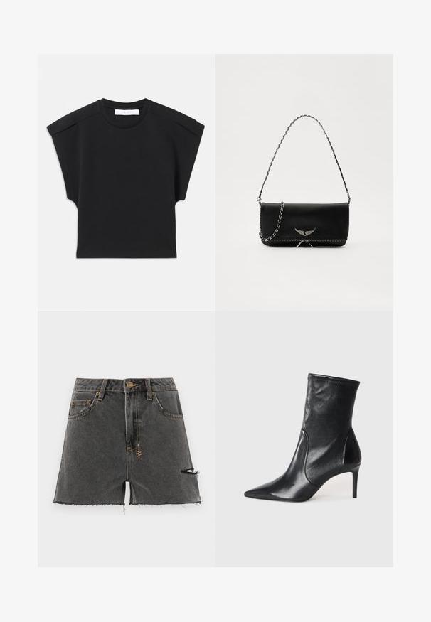 Mustmust sisemise varrukaga must topp ümaral kaelusel ja õlavarre detailidega, laotatud valgele taustale.; Tumed hallid teksapükse lühikesed püksid, kätkedega äär, kulunud detailid ja kontrastne kollane niit. Omab traditsioonilisi taskuid ja esi-nööpi.; Mustad mustajalatsid, mis on valmistatud siledast nahast, omavad teravat nina, kitsast varre ja peenikest kõrget kontsa. Minimalistlik disain, ilma nähtava riistvaraeta.; Mustvalge nahk käekott hõbedase ahelsanga ja dekoratiivsete tiivaaktsentidega, samuti valgete õmblustega alumises ühenduses.