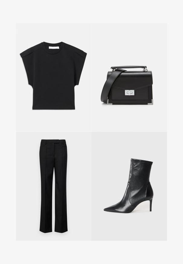 Černý krátký rukáv top s kulatým výstřihem a detaily na ramenou, položený na bílé pozadí.; Černé kalhoty na míru se střihovými nohavicemi, které mají dvě přední kapsy, hladkou texturu látky a čisté linie.; Černé kotníkové boty vyrobené z hladké kůže, s špičatou špičkou, těsným svrškem a tenkým vysokým podpatkem. Minimalistický design bez viditelné mechaniky.; Černá kožená kabelka se stříbrnými detaily, strukturovaný design, magnetické zapínání a odnímatelný ramenní popruh. Texturované akcenty na rozích.