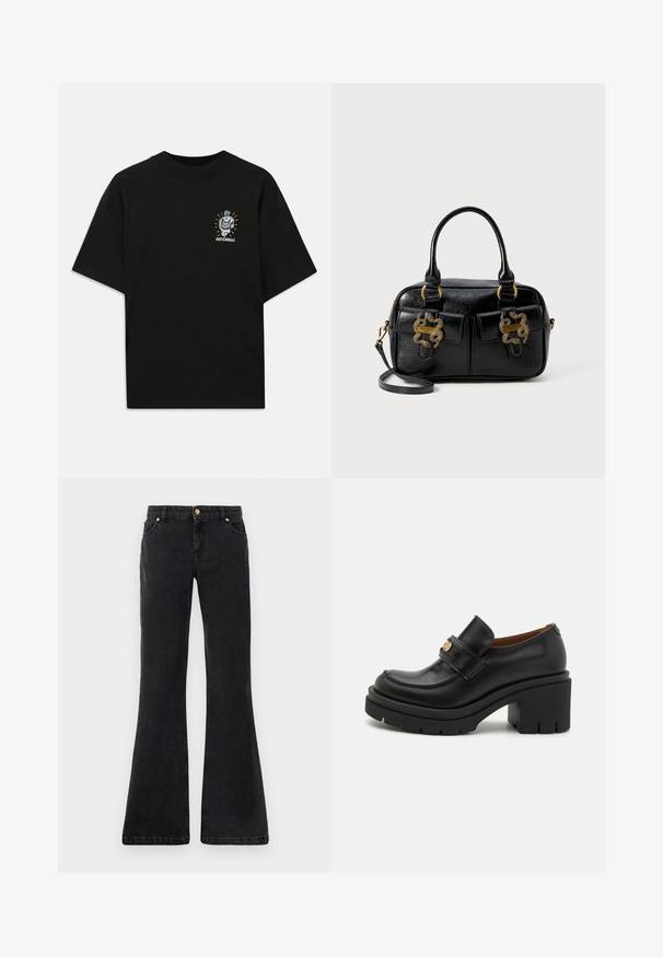 Zwarte katoenen t-shirt met korte mouwen, voorzien van een grafisch ontwerp van een kroon en een gezicht, samen met de tekst "JUST CAVALLI."; Zwarte flared denim jeans met vijf zakken, een sluiting met een knoop aan de voorkant en contrasterende stiksel. De stof heeft een gladde textuur.; Zwarte leren instappers hebben een hoge, chunky plateauzool met een gestructureerde zool. Ze hebben een gestikt ontwerp en een goudkleurige accent op de band.; Zwarte, gestructureerde leren handtas met dubbele handvatten aan de bovenkant, twee voorzakken en gouden hardwareaccenten. Voorzien van een afneembare schouderriem.