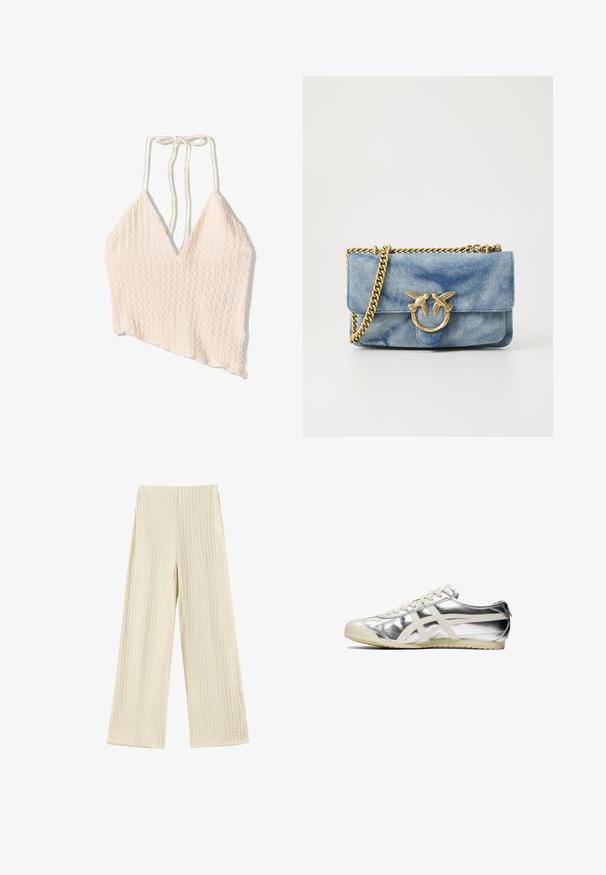 Kratší top z lněné směsi ve světle béžové barvě, s texturovaným povrchem, širokým véčkovým výstřihem a nastavitelými zavazovacími ramínky. Asymetrický lem.; Kalhoty s širokými nohavicemi z texturované smetanové tkaniny. Design obsahuje vaflový vzor s vysokým pasem a nohavicemi v plné délce.; Stříbrná metalická teniska s bílými akcenty a šňůrkami. Disponuje texturovaným povrchem, zaoblenou špičkou a gumovou podrážkou s vzorem pro lepší přilnavost.; Džínová kabelka se zlatými kovovými doplňky, s dvěma ptáky na kruhovém kroužku a řetízkem pro nošení přes rameno.