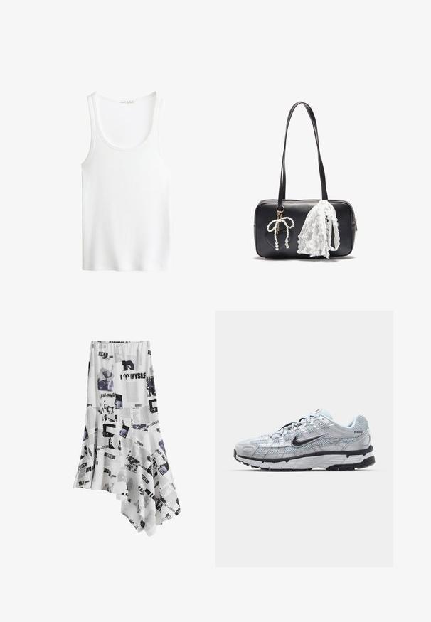 Weißes, geripptes Tanktop mit Rundhalsausschnitt und breiten Trägern. Weiche Stofftextur und genähte Säume. Einfaches, enganliegendes Design.; Weißer asymmetrischer Rock mit einem Druckdesign in Schwarz, das Texte und Bilder zeigt, aus leichtem Stoff gefertigt. Die Ränder sind sanft gesäumt.; Nike P-6000 Sneakers mit einem Obermaterial aus leichtem grauem Mesh, schwarzen Akzenten und einer langlebigen schwarzen Gummisohle. Verfügt über ein komplexes Design und ein Schnürsystem.; Even&Odd Handtasche - black