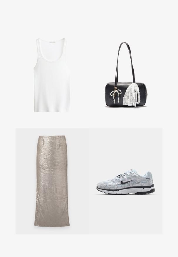 Vitt ribbat linne med rundad halsringning och breda axelband. Mjuk tygstruktur och sydda fållar. Enkelt, figursytt mönster.; Skinande, silverfärgad midi-kjol täckt av paljetter, med en rak silhuett och en nederkant som faller nedanför knäet. Slät textur.; Nike P-6000 sneakers med en ljusgrå nätövre, svarta accenter och en hållbar sula i svart gummi. Har en intrikat design och snörningssystem.; Even&Odd Handväska - black