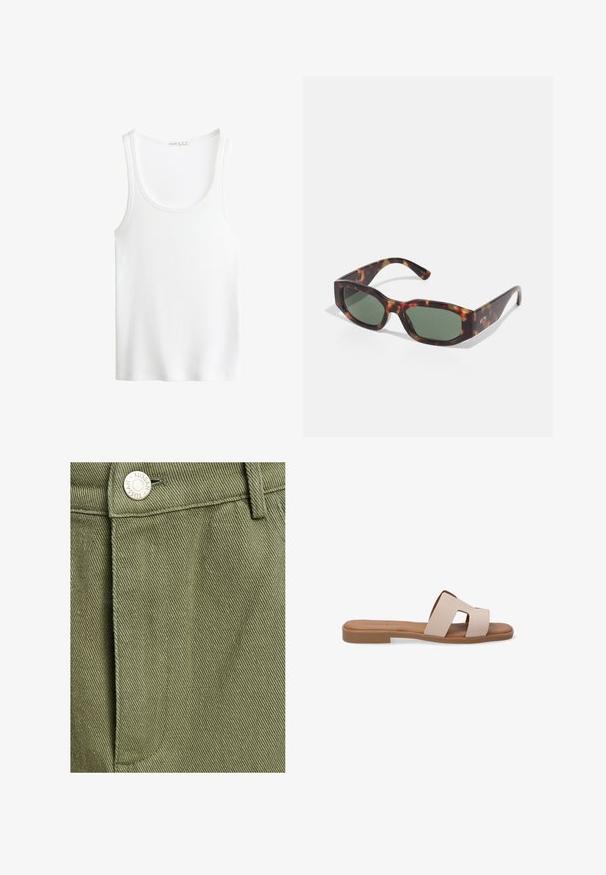 Witte geribbelde tanktop met een ronde halslijn en brede bandjes. Zachte stoftextuur en gestikte randen. Eenvoudig, getailleerd ontwerp.; TUSSAH SAWYER - A-lijn rok - sage green; Beige leren slide sandaal met twee brede banden met uitsnijdingen, platte bruine zool en een minimalistisch ontwerp.; Schildpadbril met rechthoekige groene lenzen, brede montuur en dikke pootjes. Beschikt over een slank ontwerp en een gladde kunststof textuur.