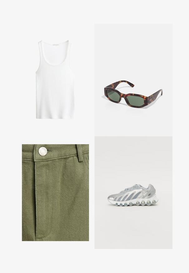 Hvid ribbet tanktop med scoop-udskæring og brede stropper. Blødt stof med en behagelig tekstur og syede kanter. Simpelt, tætsiddende design.; TUSSAH SAWYER - A-snit nederdel - sage green; Sølv- og grå sportsko med en mesh-overdel, buet design og en unik rund sål med gennemsigtige stødabsorberende elementer.; Skildpaddemønstrede solbriller med rektangulære grønne linser, bredt stel og tykke stænger. Har et strømlinet design og en glat plastisk tekstur.