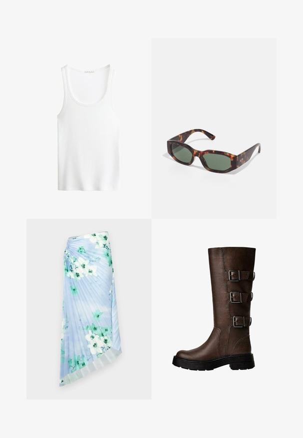 Tricou alb cu dungi, cu decolteu rotund și bretele late. Textură moale a țesăturii și tivuri cusute. Design simplu, ajustat.; Fustă pliată din stofă bleu deschis, cu imprimeu floral ce include flori verzi și albe; strălucire subtilă și tiv texturat contrastant.; Botă maro din piele până la genunchi, cu trei catarame metalice, suprafață texturată, vârf rotunjit și talpă groasă pentru stabilitate.; Ochelari de soare tortoiseshell cu lentile verzi dreptunghiulare, ramă lată și temple groase. Prezintă un design elegant și o textură plastică netedă.