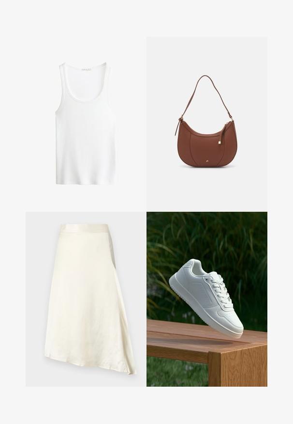 Witte geribbelde tanktop met een ronde halslijn en brede bandjes. Zachte stoftextuur en gestikte randen. Eenvoudig, getailleerd ontwerp.; Een crèmekleurige, knielange rok van glad satijn met een lichte glans. Heeft een A-lijn ontwerp en een gerimpelde taille voor een goede pasvorm.; Witte sneaker met een gladde synthetische bovenkant, geperforeerde neus, platte veters en een gestructureerde zool, tentoongesteld op een houten oppervlak.; Bruine faux leren schoudertas met een gebogen vorm, minimale stiksels en een gouden hardware-accent. Voorzien van een bovenste ritsluiting en een verstelbare schouderband.; Zilveren oorringen met een gladde, glanzende afwerking. Ronde vorm, lichtgewicht ontwerp, voorzien van een post-back sluiting.