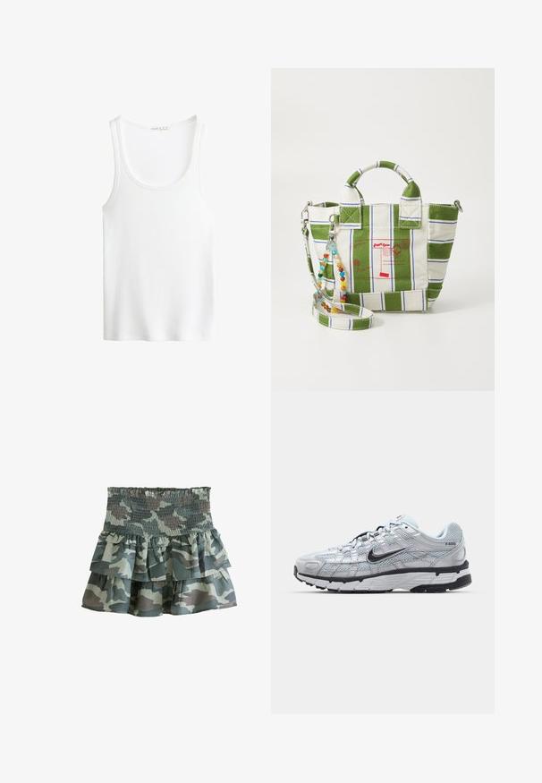 Top tank bianco a costine con scollatura a barco e spalline larghe. Tessuto morbido e orli cuciti. Design semplice e aderente.; Gonna a balze in stampa camouflage con vita smockata, caratterizzata da tre strati arricciati in tonalità di verde e grigio tenui. Tessuto leggero.; Sneakers Nike P-6000 con una toma superiore in mesh grigio chiaro, accenti neri e una resistente suola in gomma nera. Dotati di un design intricato e di un sistema di allacciatura.; Borsa tote in tela con design a strisce verdi e bianche, caratterizzata da grafiche postali rosse. Include una tracolla staccabile con perline e doppi manici.