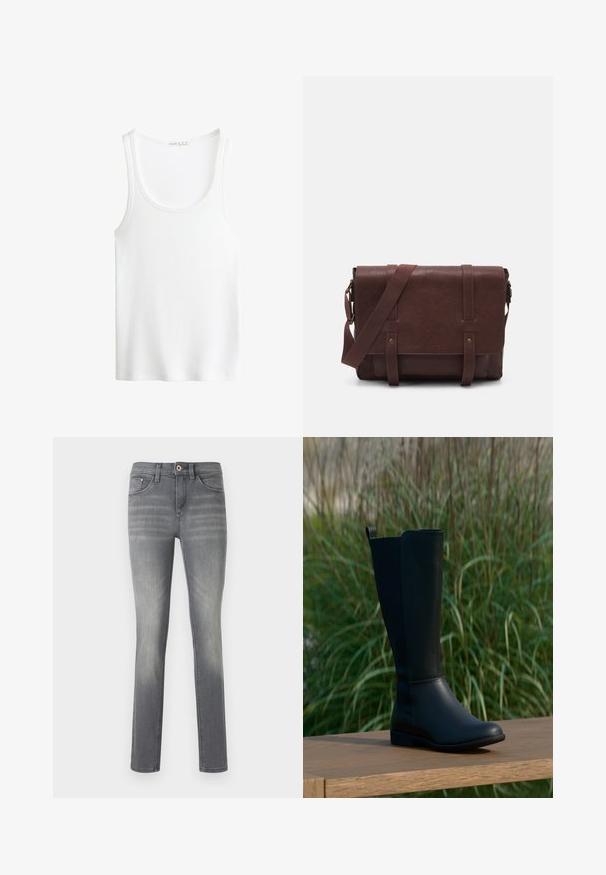 Débardeur blanc côtelé avec un décolleté en rond et des bretelles larges. Texture de tissu douce et ourlets cousus. Design simple et ajusté.; Jean en denim gris à coupe slim, avec un délavage dégradé, cinq poches, une fermeture à bouton et des détails de couture discrets.; Botte noire montant jusqu'au genou en cuir lisse avec un bout arrondi et une semelle plate. Présente un design simple avec une languette de tirage en haut.; Sac en cuir marron de style messager avec un rabat plat à l'avant, deux sangles, des accents en métal doré et une bandoulière adjustable.