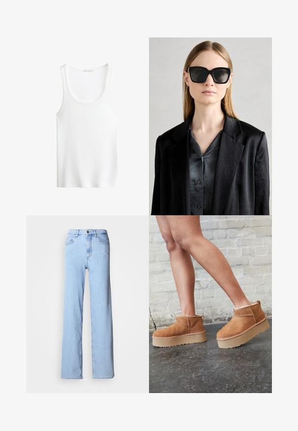 Bela rebrasta majica s širokimi naramnicami in globokim izrezom. Mehka tkanina in šivani robovi. Preprost, oprijet dizajn.; Svetlo modri široki kavbojki iz denima. Imajo sprednjo zaponko in pet žepov, z našitimi podrobnostmi vzdolž šivov.; Rjavi semiš škornji do gležnjev s puhastim podlogo, debelim bež platformnim podplatom in zanko na zadnji strani. Teksturirana površina z vidnimi šivi.; Črne oversize sončne očala z masivnim okvirjem in temnim tinted lečami, v kombinaciji s satenasto sivo srajco na gumbe in črnim blazerjem.; Črna prešita torbica z zlatim trikotnim logotipom, ki ima dvojno verižico in gladko usnjeno teksturo. Pravokotna oblika z zaponko na poklopcu.