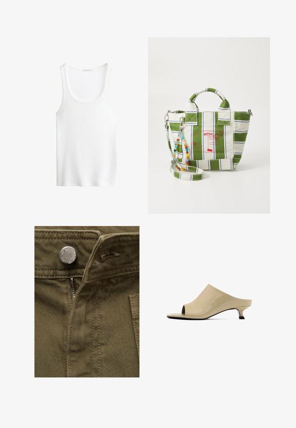 Bílý žebrovaný top na ramínka s kulatým výstřihem a širokými ramínky. Měkká textilie a prošívané lemy. Jednoduchý, přiléhavý design.; Olivově zelená bavlněná látka s viditelným zipem a metalickým detailem na knoflíku; obsahuje švy a boční kapsu.; Béžové sandály s otevřenou špičkou, s hladkým povrchem, elegantním tvarem a nízkým, zúženým podpatkem se tmavým akcentem na základě.; Plátěná tote taška se zelenobílým pruhovaným designem, zdobená červenými poštovními grafikami. Obsahuje odnímatelný korálkový popruh a dvojité rukojeti.