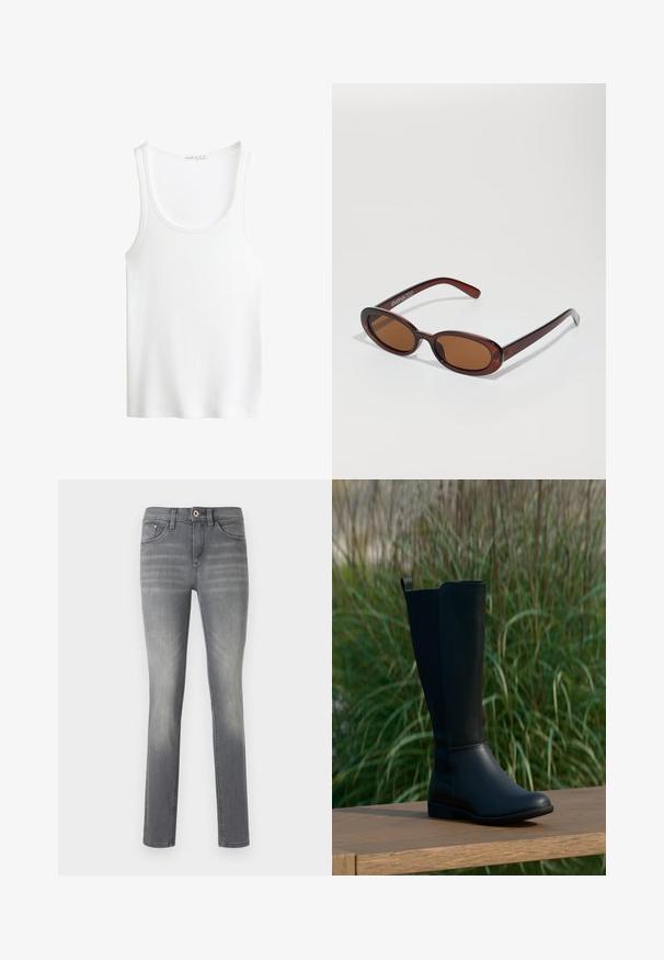 Bela rebrasta majica s širokimi naramnicami in globokim izrezom. Mehka tkanina in šivani robovi. Preprost, oprijet dizajn.; Sive traperice s uskim krojem, s izbljeđenim pranjem, pet džepova, zatvaranjem na gumb i diskretnim detaljima šavova.; Črna škornji do kolen iz gladkega usnja z okroglim prstom in ravnim podplatom. Ima preprost dizajn z zankico na vrhu.; Okrogle, rjavo obarvane sončne naočare z sijočim burgundskim okvirjem. Tanek nosilec s subtilnim logotipom. Oblika leč je ravna.
