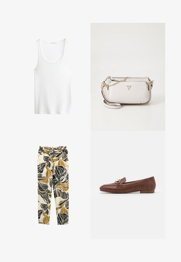 Biały żebrowany top na ramiączkach z okrągłym dekoltem i szerokimi ramiączkami. Miękka faktura materiału i obszycia. Prosty, dopasowany krój.; Spodnie w kwiatowy wzór w kolorach czerni, złota i kremu. Wykonane z lekkiego materiału, z paskiem w talii i zwężającymi się nogawkami.; Brązowe skórzane mokasyny z płaską podeszwą, wyszywanym wzorem i detalem w złotym odcieniu w klamrze na pasku przez wierzch buta.; Torebka w jasnoszarym teksturowanym materiale z łańcuszkiem w złotym odcieniu. Posiada złożoną konstrukcję oraz trójkątny akcent logo z przodu.