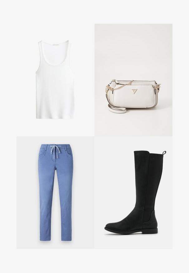 Fehér, bordázott ujjatlan felső, kerek nyakkivágással és széles pántokkal. Puha szövet textúra és varrt szegélyek. Egyszerű, testhezálló dizájn.; Világoskék nadrág, húzózsinórral a derékrészen, két elülső zsebbel és slim fit szabással. Az anyag puha tapintású, finom varrási részletekkel.; Térdig érő fekete műbőrből készült csizmák sima felülettel, rugalmas oldalsó panelekkel és alacsony, lapos talppal a kényelem érdekében.; Világosszürke, texturált anyagból készült táska aranyszínű lánc pánttal. Jellemzője egy hajtogatott dizájn és egy háromszög alakú logó akcentus elöl.