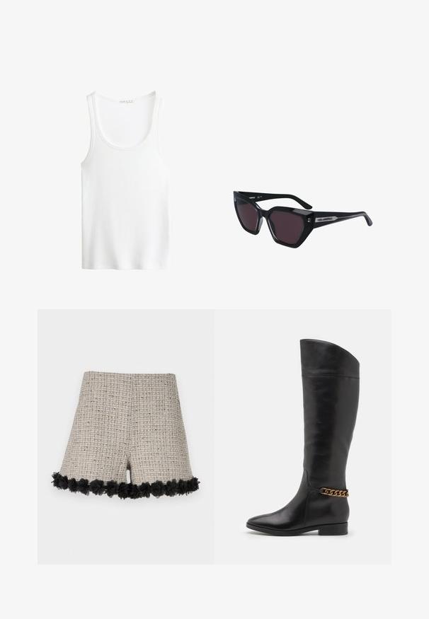 Biały żebrowany top na ramiączkach z okrągłym dekoltem i szerokimi ramiączkami. Miękka faktura materiału i obszycia. Prosty, dopasowany krój.; Beżowe szorty z tweedu z teksturowanym wzorem, z czarną kwiatową lamówką na dole. Projekt obejmuje klasyczny, dopasowany kształt.; Wysokie czarne skórzane botki o eleganckim designie, ze spiczastym noskiem i złotym łańcuszkiem na kostce. Niski blokowy obcas. Gładka tekstura.; Czarne okulary przeciwsłoneczne w kocim kształcie, z ciemnymi soczewkami, błyszczącym wykończeniem oraz subtelnymi akcentami logo na zausznikach.; Srebrne kolczyki na biglu o gładkim, błyszczącym wykończeniu. O zaokrąglonym kształcie, lekkim designie, z zamknięciem na zatrzask.