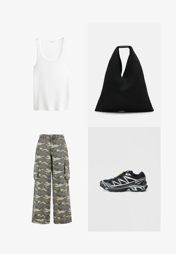 Biely rebrovaný top s okrúhlym výstrihom a širokými ramienkami. Mäkká textúra látky a prešívané okraje. Jednoduchý, priliehavý strih.; Cargo nohavice s zeleno-beige camouflage vzorom, vo voľnom strihu, s dvoma bočnými vreckami a ružovým akcentom na nohe.; Čierna bežecká obuv so striebornými akcentmi, materiál GORE-TEX, textúrovaná podrážka a farebné šnúrky. Obsahuje polstrovanú pätu pre podporu.; Čierna textilná taška s unikátnym V-tvarom a hladkou textúrou. Obsahuje krátku rúčku s minimalistickými kovovými detailmi.; Zign Náramok - silver-coloured