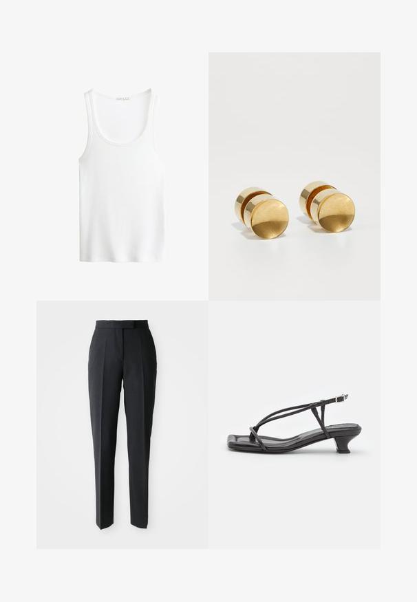 Fehér, bordázott ujjatlan felső, kerek nyakkivágással és széles pántokkal. Puha szövet textúra és varrt szegélyek. Egyszerű, testhezálló dizájn.; Fekete, testre szabott, egyenes lábú nadrág magas derekú és elöl hajtott redőkkel, világos egyszínű háttér előtt bemutatva.; Fekete bőr szandál vékony pántokkal, alacsony blokk sarkú és négyzetes orrú. Csattal záródik és sima textúrájú.; Arany fém fülbevalók egyszerű, kerek formával, sima felülettel és középen fényes sávval. Átmérője körülbelül 1 cm.