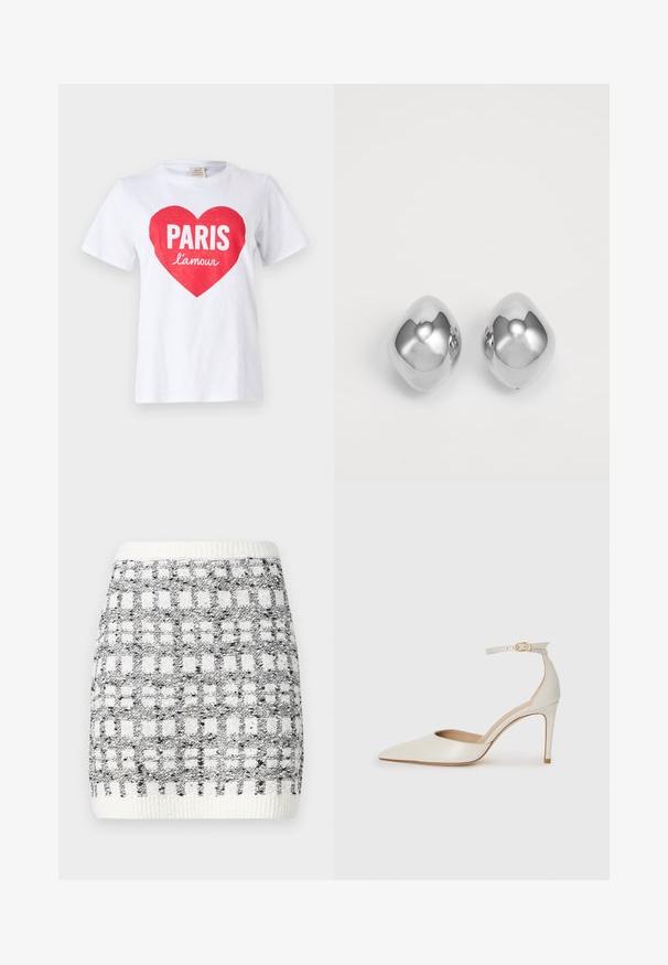 T-shirt in cotone bianco con una grande grafica a forma di cuore rosso, con la scritta "PARIS" in lettere bianche in grassetto e "l'amour" in un carattere più piccolo sotto. Maniche corte.; Gonna in maglia in bianco e nero con motivo a quadri, caratterizzata da una vita a coste e una superficie strutturata. Lunghezza sopra il ginocchio.; Scarpa col tacco alto in pelle bianca con punta affusolata, cinturino alla caviglia e tacco a stiletto sottile. Texture liscia con una finitura leggermente lucida.; Orecchini in metallo argentato con una forma liscia e arrotondata, caratterizzati da una finitura lucida e una superficie riflettente. Design minimalista senza decorazioni.