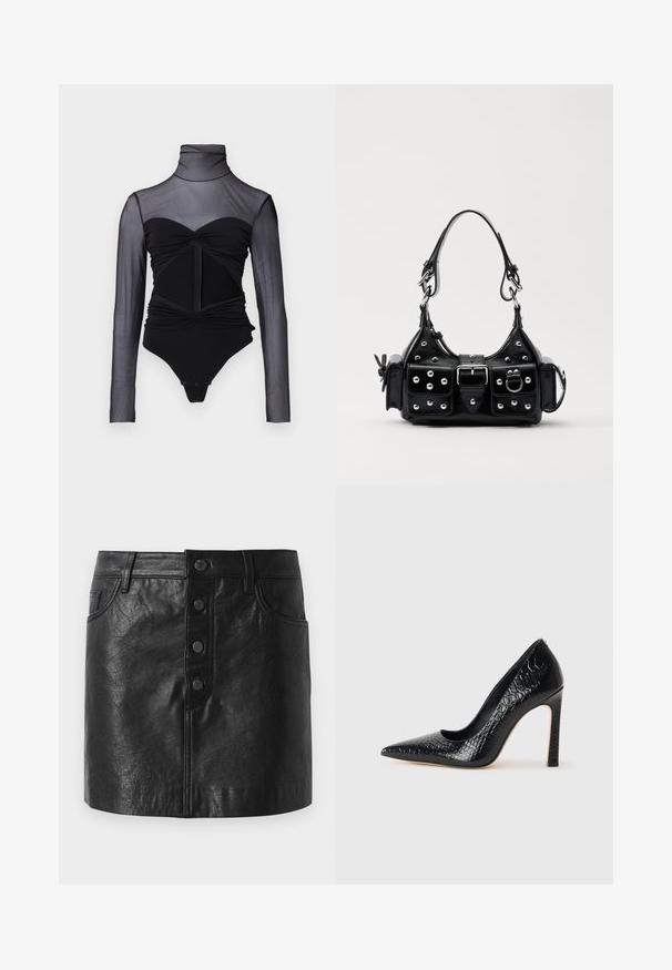 Black bodysuit with a sheer long-sleeve upper. Features a mock neck, ruched detailing, and a front zipper. Smooth fabric with a fitted design.; Black leather skirt with a high waistband, front button closure, two side pockets, and a slightly a-line shape. Textured finish.; Black pointed-toe high heel shoe with a crocodile-skin texture, featuring a sleek design, high stiletto heel, and smooth black interior.; Black leather handbag with a curved design, featuring silver studs, a buckle, and two side pockets. Adjustable strap for carrying options.