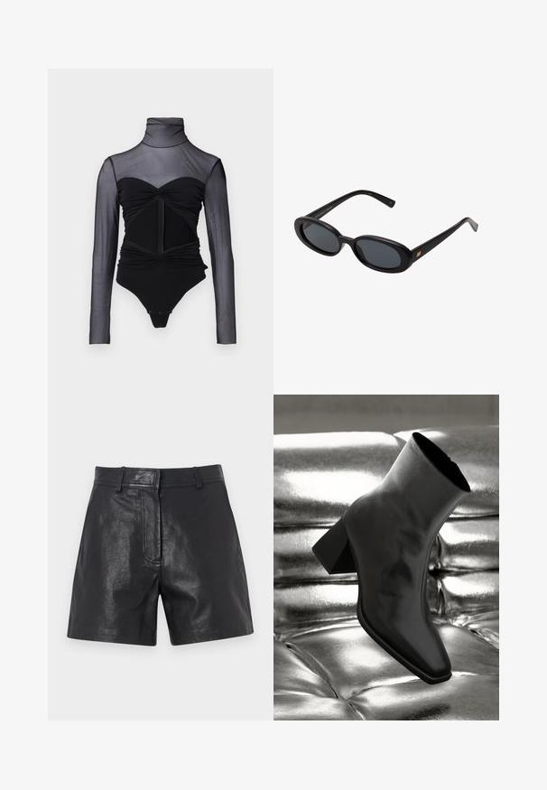Juodas bodis su permatoma ilgomis rankovėmis. Ruožas su aukštu kaklu, raukiniais ir priekiniais užtrauktuku. Lygus audinys su figūrą atitinkančiu dizainu.; Juodos odinės šortai su lygiu paviršiumi, pasižymintys pritaikytu siluetu, diržo kilpomis ir subtiliu priekiniu siūlės detaliu.; Juodos kulkšnies botai, pagaminti iš blizgaus medžiagos, su kvadratine padu ir siauru kulnu, prieš blizgiai sidabrinį pūsto audinio foną.; Juodos didelės saulės akinių su ovaliais objektyvais, lygia plastiko rėmeliu ir aukso akcentais ant šventyklos. Tamsūs objektyvai suteikia apsaugą nuo saulės.