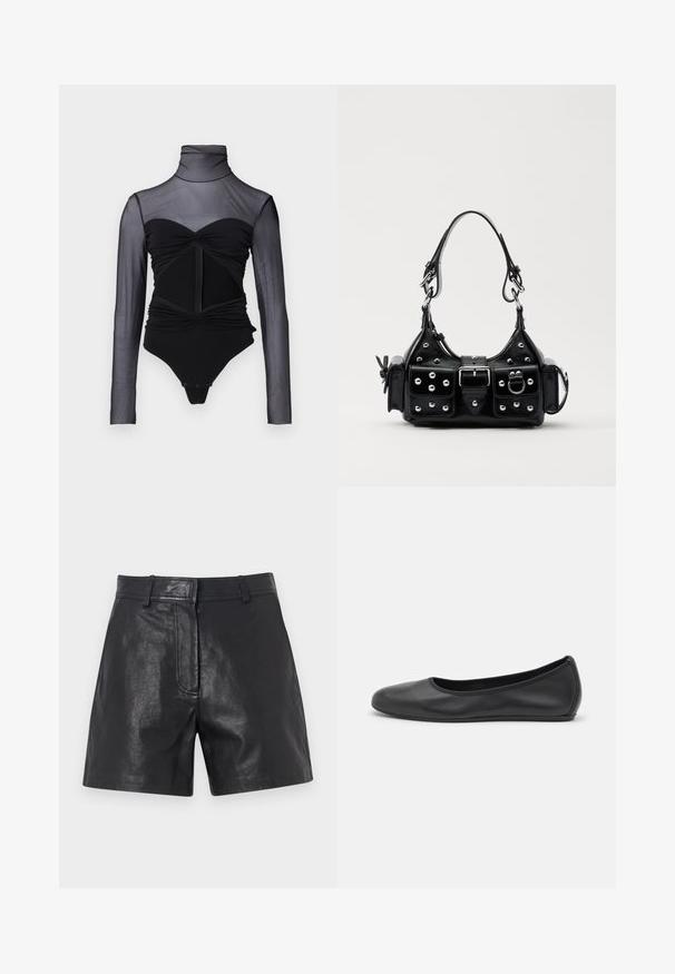 Mustmustel mustvalgusega bodysuit, millel on pikkad varrukad. Omab kõrget kaelust, volangdetailide ja esimest tõmblukku. Sile kangas, mis on lähedalt keha järgi vormitud.; Mustad naha lühikesed püksid sileda tekstuuriga, millel on kohandatud sobivus, vöökohad ja peene esisoonte detail.; Musthave mustika tantsutossud mustast nahast, ümmarguse varbaga, siledast tekstuurist, minimaalse õmblusdetailiga ja paindliku tallakujundusega.; Must värvi nahast käekott, millel on kaarjas disain, hõbedased nupukesed, kinnitusahe ja kaks külgtaskut. Reguleeritav rihm erinevate kandmisvõimaluste jaoks.