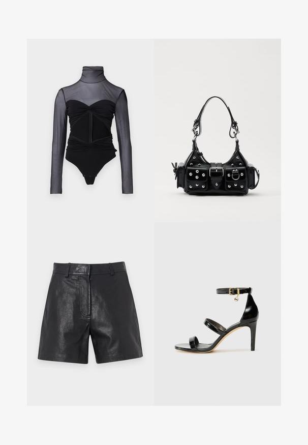 Fekete bodyscrub áttetsző, hosszú ujjú felsőrésszel. Jellemzői a magas nyak, ráncolt részletek és az elülső cipzár. Simább anyag, testhezálló dizájn.; Fekete bőr rövidnadrág sima tapintással, szabott fazonnal, övhurkokkal és diszkrét elülső varrással.; Fekete lakk bőr szandál három pánttal, bokapánttal és 10 cm magasságú tűsarokkal. Arany színű részletekkel és logó charm-mal rendelkezik.; Fekete bőr kézitáska ívelt designnal, ezüst szegecsekkel, csattal és két oldalsó zsebbel. Állítható vállpánt a hordozási lehetőségekhez.