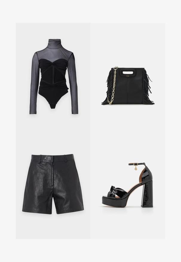 Mustmustel mustvalgusega bodysuit, millel on pikkad varrukad. Omab kõrget kaelust, volangdetailide ja esimest tõmblukku. Sile kangas, mis on lähedalt keha järgi vormitud.; Mustad naha lühikesed püksid sileda tekstuuriga, millel on kohandatud sobivus, vöökohad ja peene esisoonte detail.; Maje Kõrge kontsaga sandaalid - noir; Musta nahk käekott, millel on frantsiisid, kuldne ahelsanga ja lõigatud käepide. Esiosas on logot.