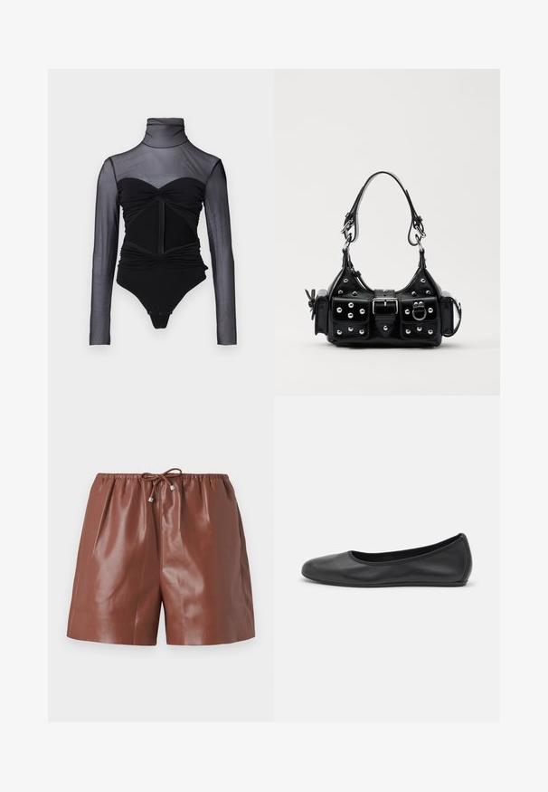 Monosuit negro con parte superior de manga larga transparente. Presenta un cuello alto, detalles fruncidos y un cierre frontal. Tejido suave con un diseño ajustado.; Pantalones cortos de cuero marrón con un acabado brillante, que cuentan con una cinturilla elástica y un lazo ajustable con acentos metálicos. Textura suave y diseño a medida.; Bailarina de piel negra con punta redondeada, textura suave, detalle de costura minimalista y diseño de suela flexible.; Bolso de mano de cuero negro con un diseño curvado, que cuenta con tachuelas plateadas, una hebilla y dos bolsillos laterales. Correa ajustable para opciones de transporte.